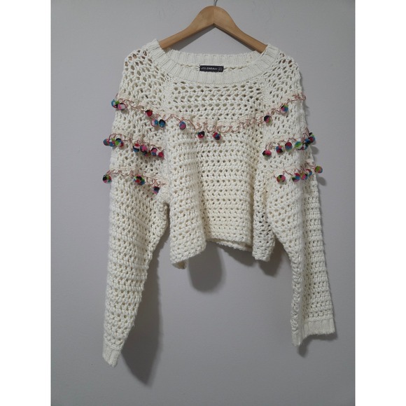 Zara Sweaters - Zara Knit Cream Crochet Pom Pom Fringe Sweater Boho Open Weave Pullover Small